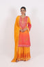 Sunset Orange Printed Stitched Chinnon Sharara Set With Silver Embroidered Details