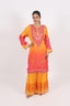 Sunset Orange Printed Stitched Chinnon Sharara Set With Silver Embroidered Details