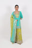 V-Shape Neck Heavy Embroidered Color-Blocking Stitched Short Kurti With Lehenga
