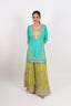 V-Shape Neck Heavy Embroidered Color-Blocking Stitched Short Kurti With Lehenga