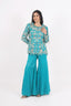 Sea-Blue Golden Thread Embroidered Short Kurti With Flared Pants