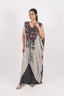 Black Stitched Floral Printed Crop-top Flared Pant Set With Beige Shrug